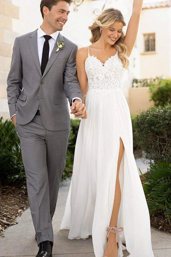 White Chiffon Lace A-line Spaghetti Straps Flowy Beach Wedding Dresses, MW756 | chiffon wedding dresses | a line wedding dresses | wedding gowns | musebridals.com